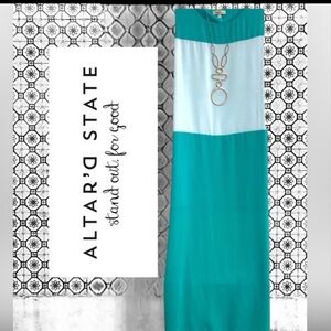 ALTAR’D STATE Maxi Silk Dress Jade Green White Color Block Lined Size Large
